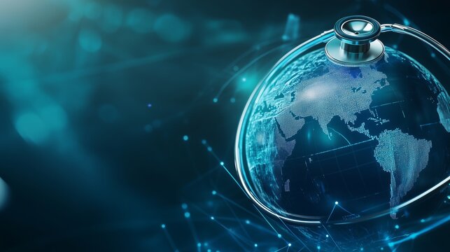 Digital globe with a stethoscope, symbolizing global healthcare and technology. Blue tones and connected network.