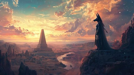 A fantastical landscape dominated by a large pyramid-like structure in the background, surrounded by rocky, desert-like terrain. The sky is filled with dramatic clouds illuminated by the warm colors o