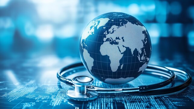 A stethoscope encircles a globe, symbolizing global healthcare and connections, set in a digital, blue-hued theme.