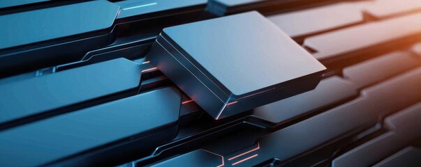 A futuristic close-up of a sleek, metallic surface featuring stacked components, emphasizing technology and innovation.