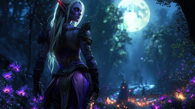 The image presents a fantasy scene featuring a mysterious female figure with long, flowing silver hair and pointed ears, likely inspired by elven aesthetics. She stands with her back turned, gazing in