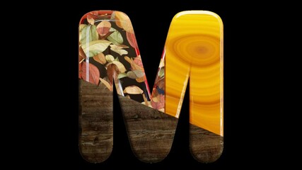 alphabetic capital letter M with falling leaves, transparent background, loop, endless