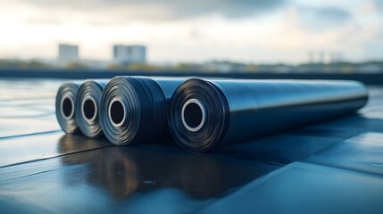 Rolled up black waterproof membrane on a rooftop