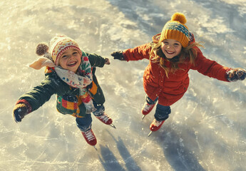 Two children ice skating on an outdoor rink, wearing colorful coats and hats, smiling with joy as they engage in the solitude of the sport