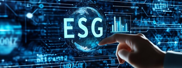 Futuristic technology theme featuring ESG, digital elements, and interconnected interface design with a blue color scheme.