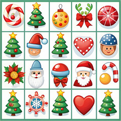 A colorful set of Christmas-themed festive bingo cards featuring holiday icon
