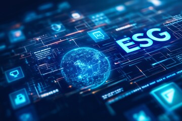 A digital image depicting ESG concepts with a global network interface and technology theme, conveying innovation and sustainability.