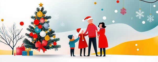 Winter holidays with family reuniting around a decorated Christmas tree, happy moments and laughter, flat design illustration