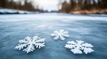 Snowflakes landing on a frozen river, capturing winter s cold stillness