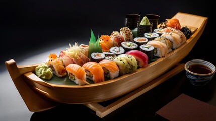 A sumptuous sushi boat overflowing with nigiri, sashimi, and maki rolls