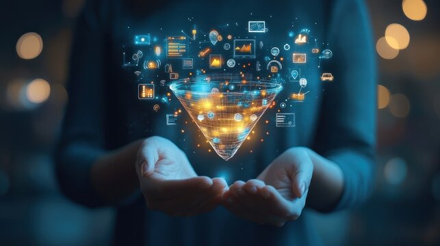 Person holding a digital marketing funnel with icons of digital marketing elements for the Concept of converting sales process prospects into customers.