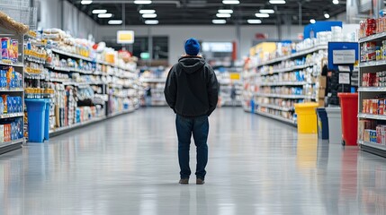 Obraz premium A confused shopper standing alone in a large store, looking for assistance with no employees available, capturing the feeling of frustration