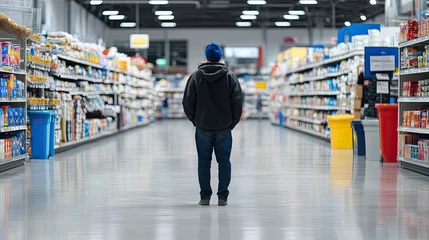 A confused shopper standing alone in a large store, looking for assistance with no employees available, capturing the feeling of frustration