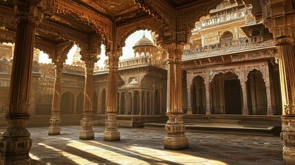 Obraz premium A grand ancient Indian palace with detailed frescoes and towering pillars, with a romantic wind flowing through its open courtyards