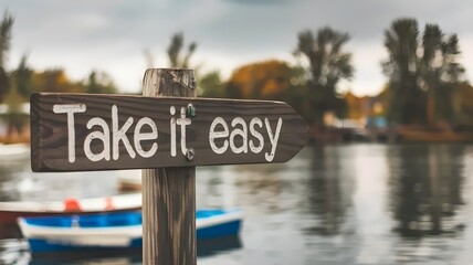 Wooden sign with "Take it easy" near water and boats, bokeh background