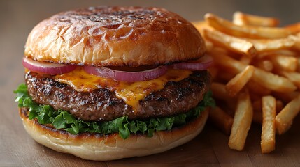 Juicy Cheeseburger with Crispy French Fries