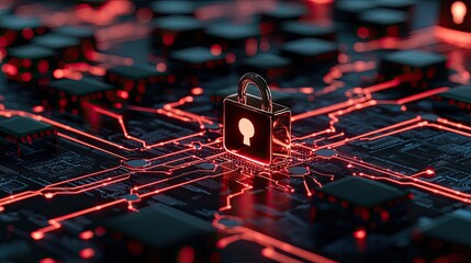A futuristic representation of cybersecurity, featuring a lock icon on a circuit board with a glowing red color scheme.