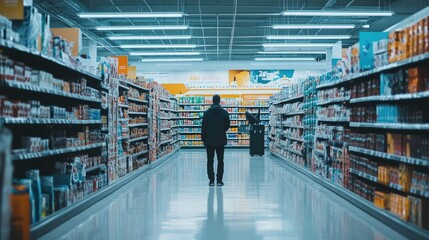 An empty store aisle with a customer looking around for assistance, but no staff to be found, conveying a lack of service