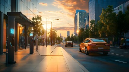 Naklejka premium A sleek electric car charging at a futuristic station in a modern smart city, surrounded by advanced architecture and greenery at sunset
