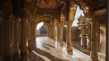 Obraz premium Breathtaking view of a grand, ancient Indian palace with intricate carvings and towering arches, with a romantic wind flowing through the hallways