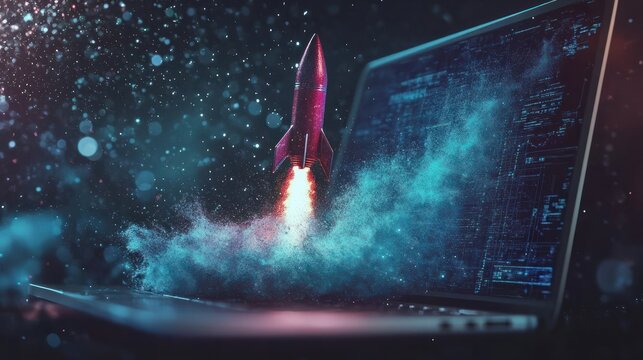 Rocket exiting laptop screen with abstract digital wave, Generative AI