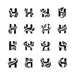 Stylish and modern letter H logos with leaf shape, eco-friendly minimal nature branding icons, organic foliage monogram vector design set


