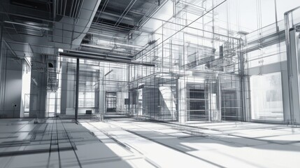 Sketch design and drafting of wireframe building. 3d illustration, Digital project visualization.