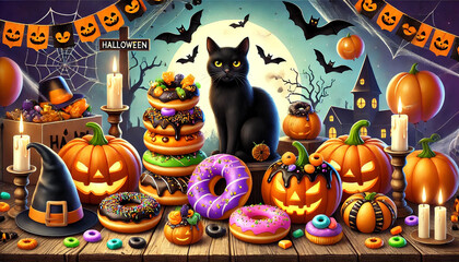 Halloween party with Donut dessert with Black Cat