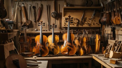 A tranquil woodworking workshop with handcrafted musical instruments, Woodworking tools arranged in a symphony of creative craftsmanship, Musical instrument making style