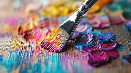 Fototapeta premium A vibrant palette of colorful paint spills beside a paintbrush on a wooden surface, showcasing artistic creativity and expression.