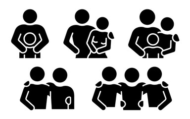 Relationships black illustrations collection. Friendship and family relations filled style icon set. Human social communication symbol. Man, woman, child, kid, male and female silhouettes. Couple icon