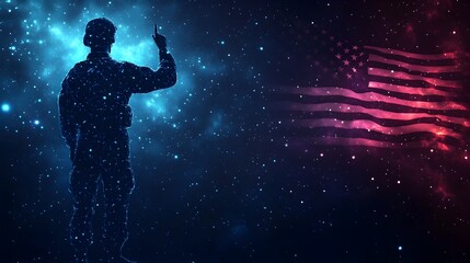 Obraz premium Glowing Soldier s Salute Against Starry Futuristic Sky with American Flag