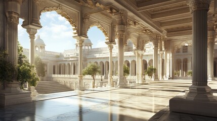 Obraz premium Majestic ancient Indian palace showcasing its opulent architecture, with wind gently flowing through the marble halls, evoking a sense of timeless beauty