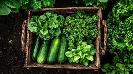A basket overflowing with fresh, vibrant vegetables including cucumbers, lettuce, and greens, set against rich, dark soil.