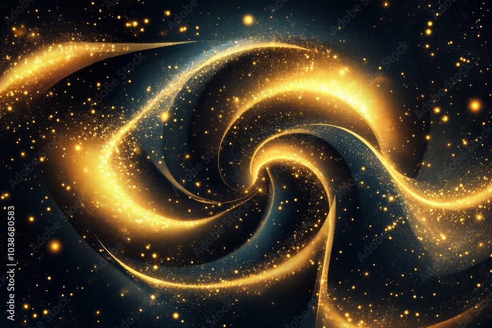 Aufkleber golden spirals and twinkling stars weave together on a dark background, showcasing a captivating abs