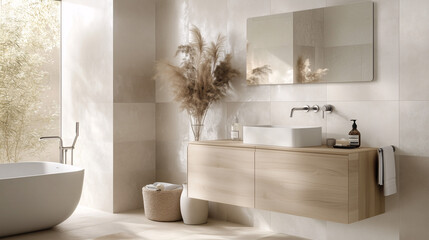 Fototapeta premium Minimalist bathroom setup with a light wood floating vanity, wall-mounted faucet, and white tiles