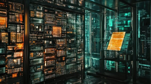 Technological background with digital archives and data storage visuals, ideal for representing digital archives and scientific research in educational materials