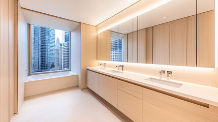 Minimalist bathroom with a sleek floating vanity and wall-mounted sink against a neutral-toned backdrop