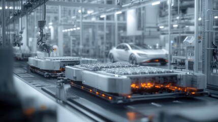 Obraz premium Low-emission battery factory focused on green energy production for electric vehicles and hybrids.
