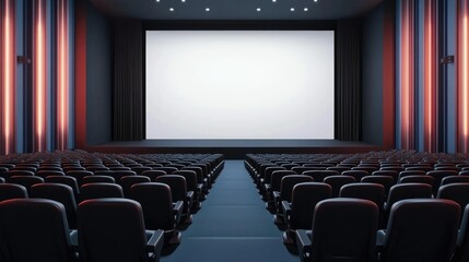 Fototapeta premium Auditorium setup with clean rows of seats aligned towards a large stage with a blank white screen.