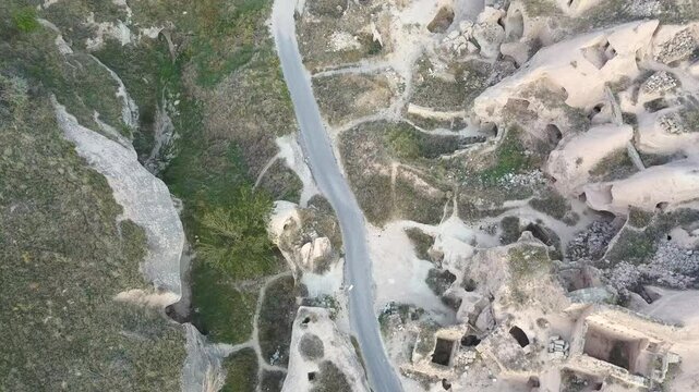 Drone video of Cavusin ancient city in Cappadocia Turkey