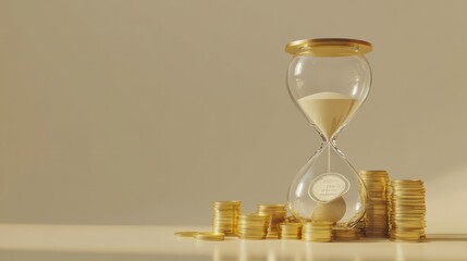 Time and money concept with hourglass and increasing coin stacks on a neutral background. Financial planning and investment theme for presentations and web design