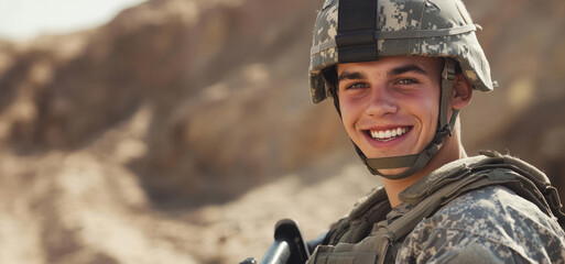 A young male soldier in desert combat gear smiles confidently during a military operation in a desert environment, holding a rifle.