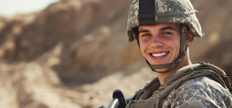 A young male soldier in desert combat gear smiles confidently during a military operation in a desert environment, holding a rifle.