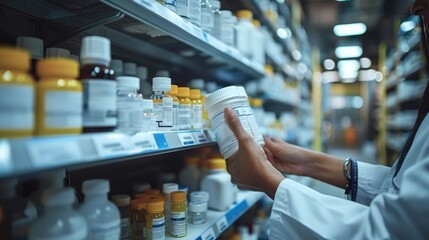 A person examining a medicine box in a pharmacy aisle full of various medication bottles