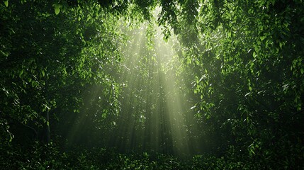 Fototapeta premium A serene forest scene where sunlight filters through lush green foliage, creating a tranquil and immersive natural environment.