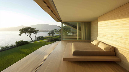 Fototapeta premium Minimalist bedroom with a platform bed and earthy tones