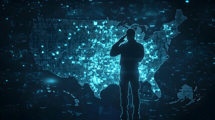 Futuristic Silhouetted Soldiers Saluting on Patriotic American Map for Veterans Day