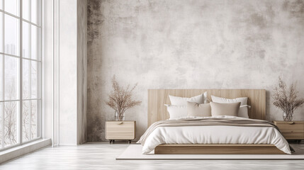 Minimalist bedroom with large glass windows, light-toned walls, and a simple bedside table