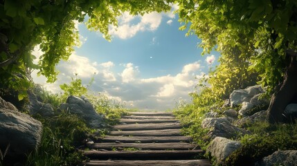 Serene Pathway Through Lush Greenery and Blue Skies